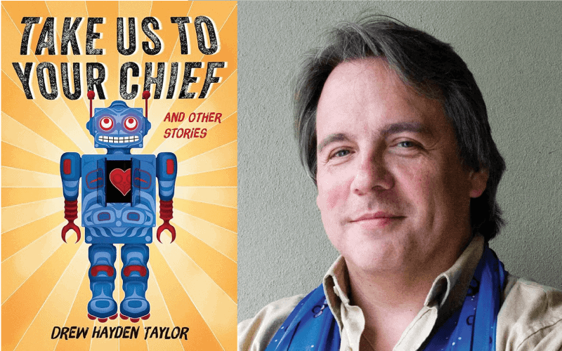 A side by side of a book cover with a toy robot illustration titled "take us to your chief" and a headhsot of Drew beside it